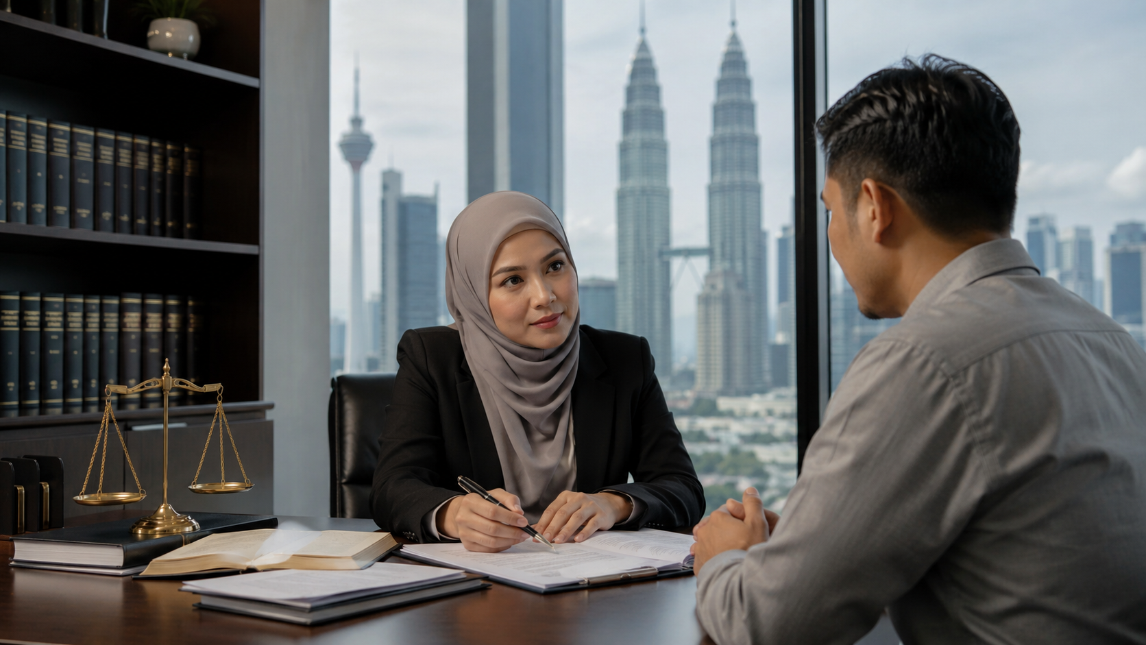 A lawyer reviewing case documents with a client across a desk.
